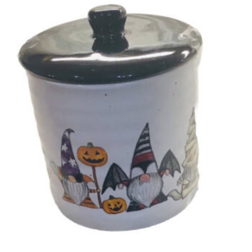 Cobwebs and Cauldrons Halloween gnome Stoneware Cannister New